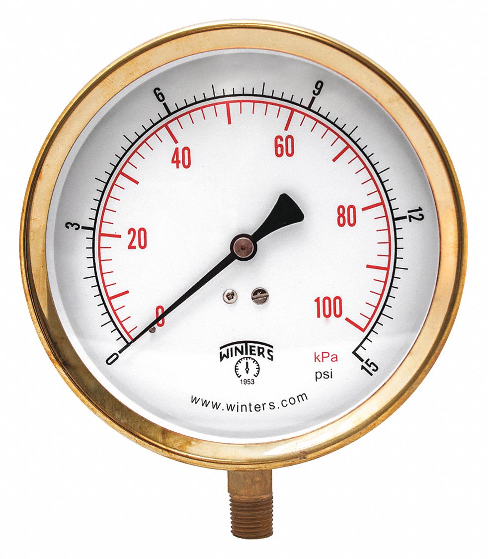 Industrial Pressure Gauge: 0 psi to 15 psi, 4 1/2 in Dial, 1/4 in NPT Male, Bottom, 5, IP52