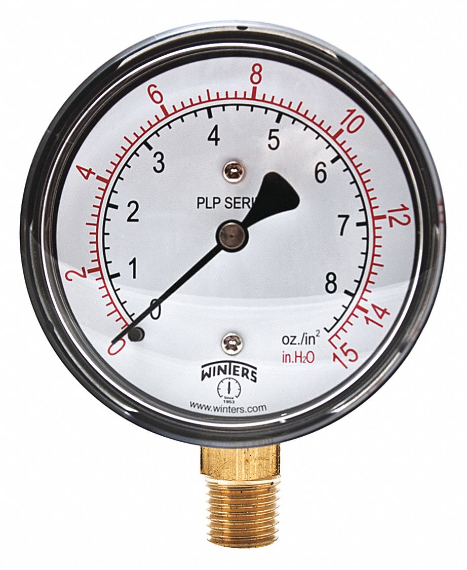 WINTERS INSTRUMENTS Pressure Gauge, 0 to 15 in wc Range, 1/4 in NPT