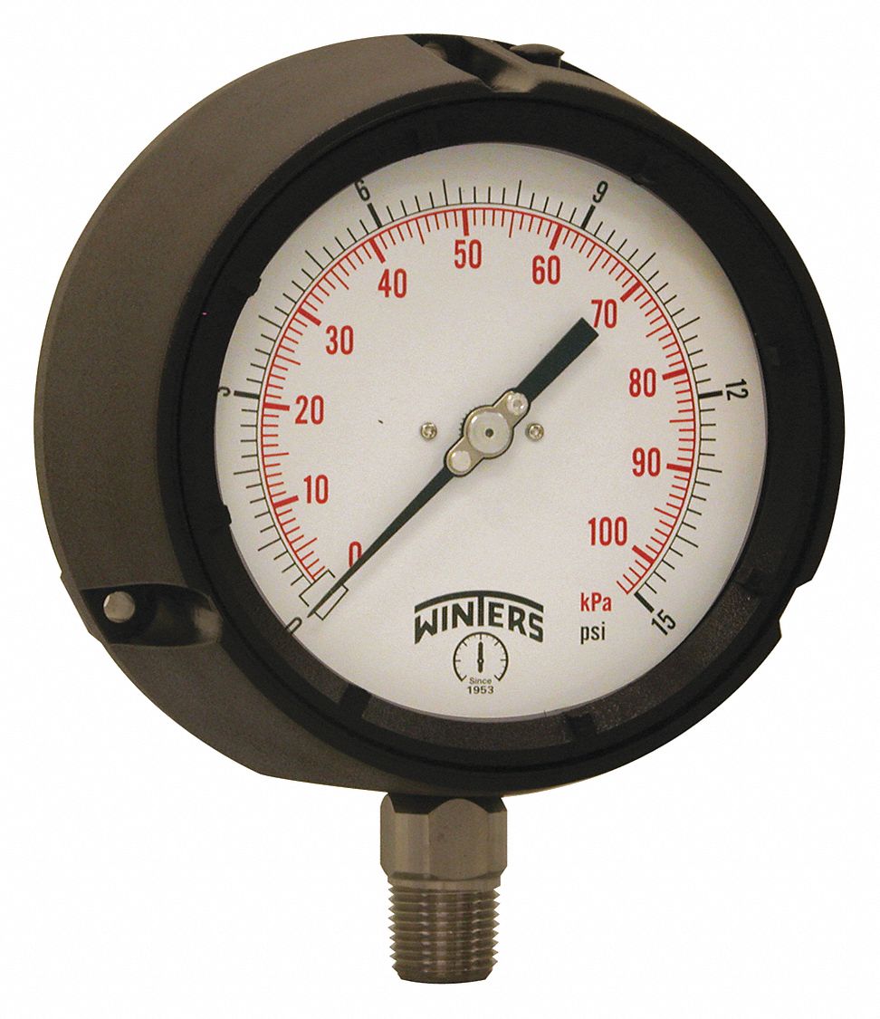 Process Pressure Gauge: 0 psi to 15 psi, White, 4 1/2 in Dial, 1/2 in NPT Male, Bottom, PPC