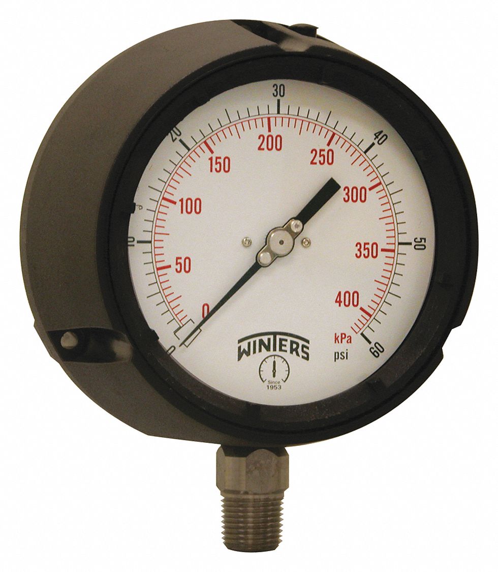 Process Pressure Gauge: 0 psi to 60 psi, White, 4 1/2 in Dial, 1/2 in NPT Male, Bottom, PPC