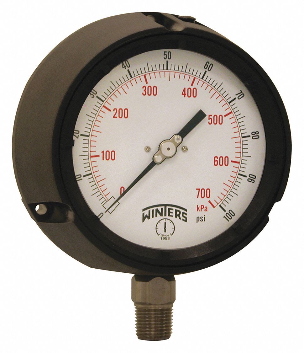 Process Pressure Gauge: 0 psi to 100 psi, White, 4 1/2 in Dial, 1/2 in NPT Male, Bottom, PPC