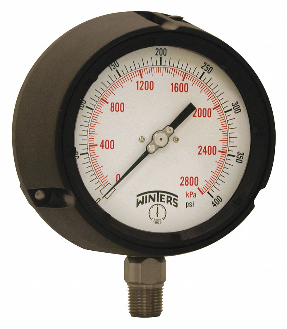 WINTERS, 0 to 400 psi, White, Process Pressure Gauge 491D33PPC5068G