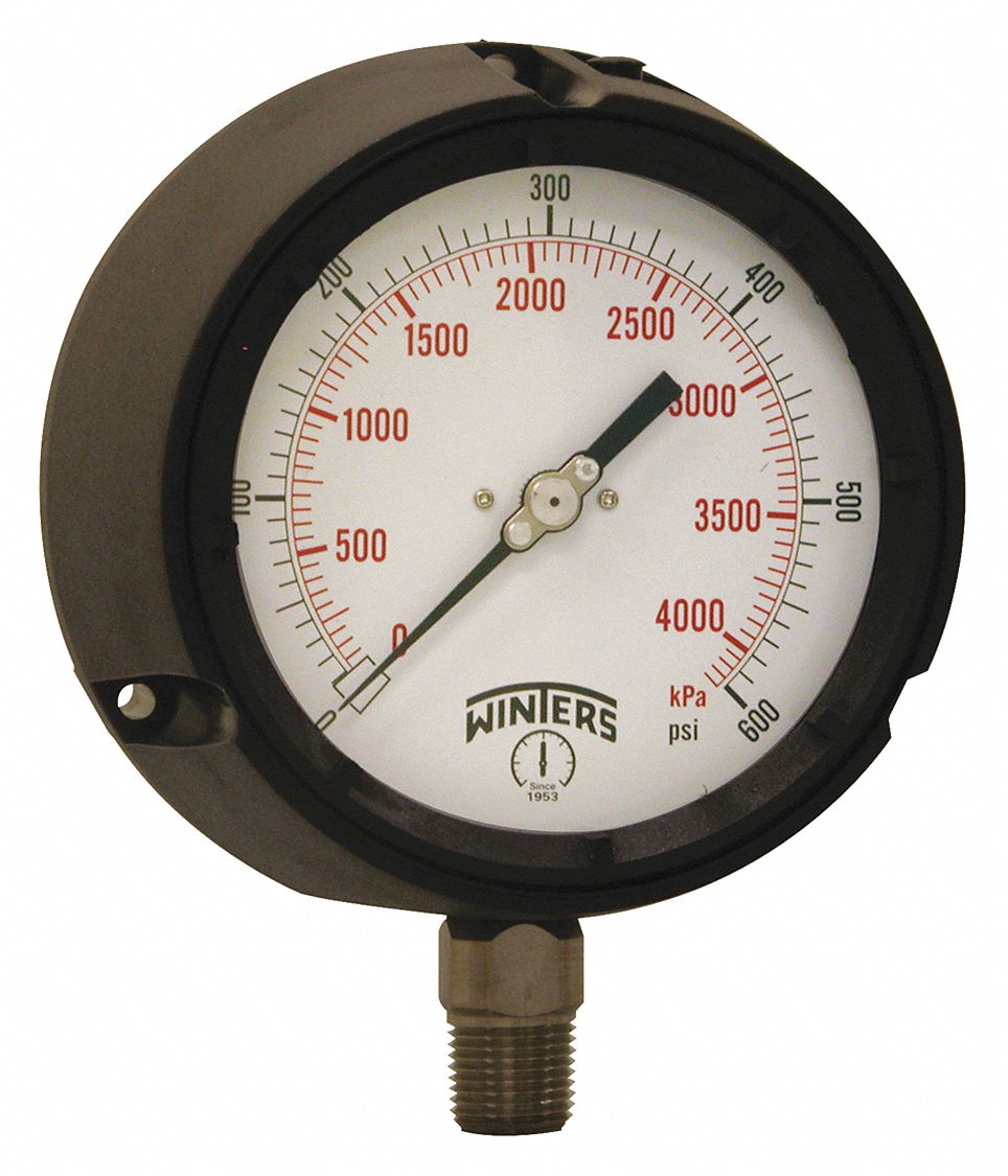 Process Pressure Gauge: 0 psi to 600 psi, White, 4 1/2 in Dial, 1/2 in NPT Male, Bottom, PPC