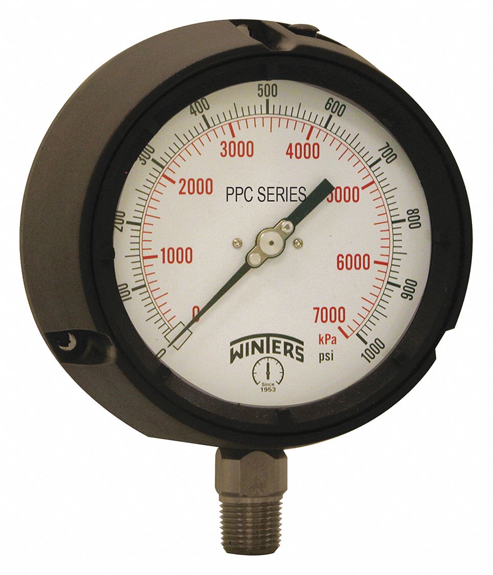 WINTERS INSTRUMENTS Pressure Gauge, 0 to 1000 psi Range, 1/2 in NPT
