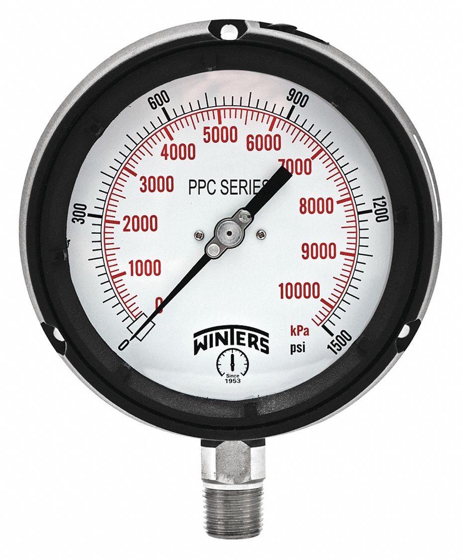 Process Pressure Gauge: 0 psi to 1, 500 psi, White, 4 1/2 in Dial, 1/2 in NPT Male, Bottom, 4