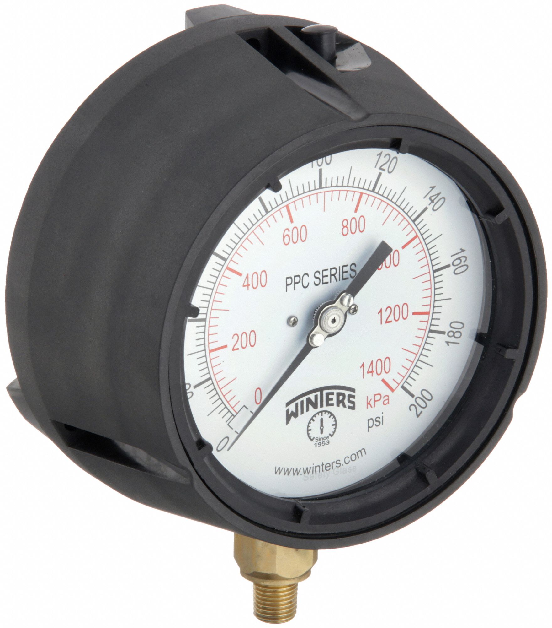 Process Pressure Gauge: 0 psi to 200 psi, White, 4 1/2 in Dial, 1/4 in NPT Male, Bottom, PPC