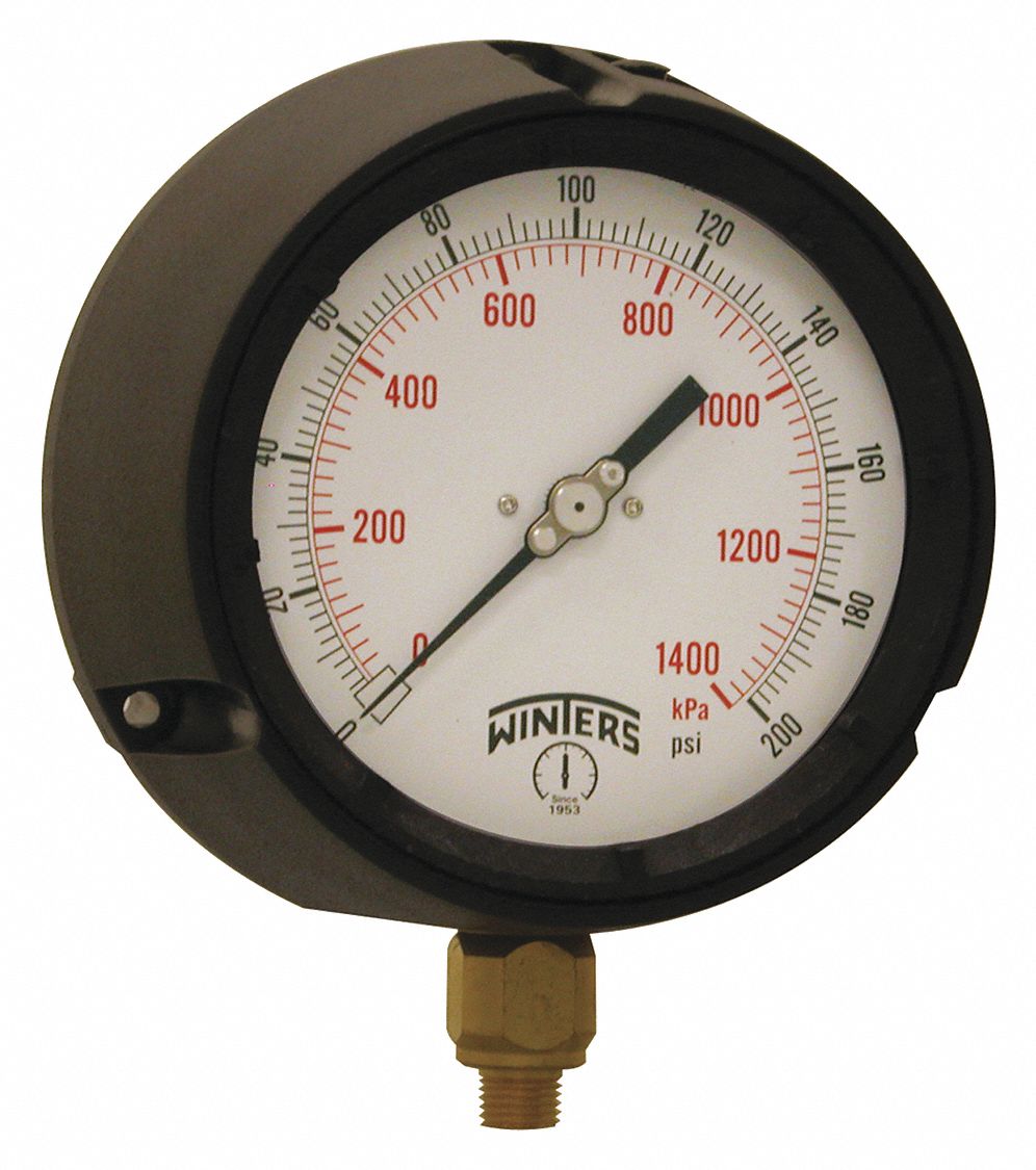 PROCESS PRESSURE GAUGE, 0 PSI TO 200 PSI, WHITE, 4 1/2 IN DIAL, 1/4 IN NPT MALE, BOTTOM, PPC