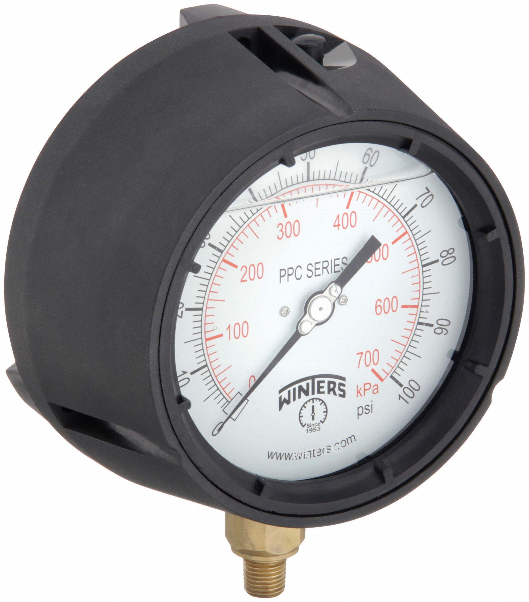 PROCESS PRESSURE GAUGE, 0 PSI TO 100 PSI, WHITE, 4 1/2 IN DIAL, 1/4 IN NPT MALE, BOTTOM, PPC