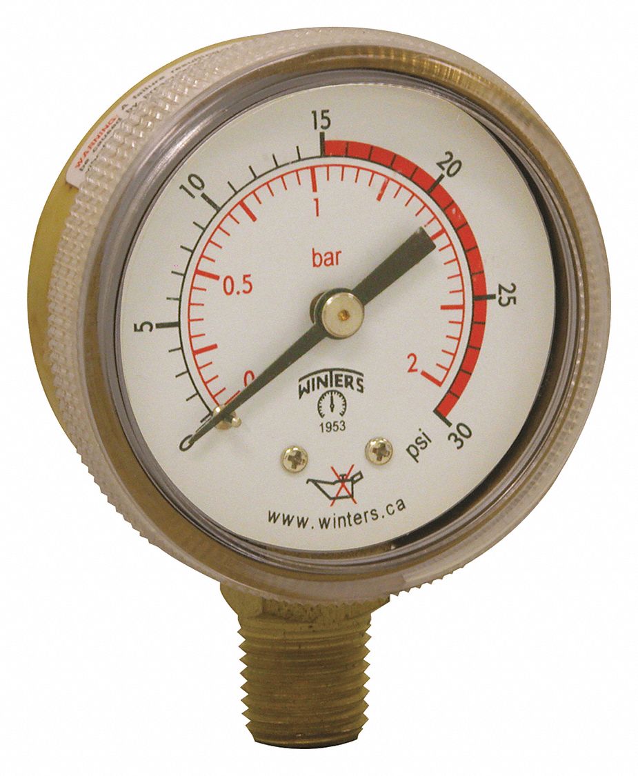 Welding Regulator Pressure Gauge: 0 psi to 30 psi, 2 in Dial, 1/4 in NPT Male, Bottom, Brass