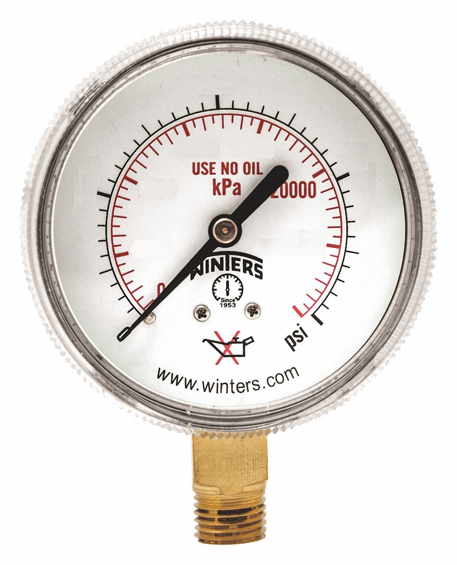 Welding Regulator Pressure Gauge: 0 psi to 160 psi, 2 in Dial, 1/4 in NPT Male, Bottom, PWL