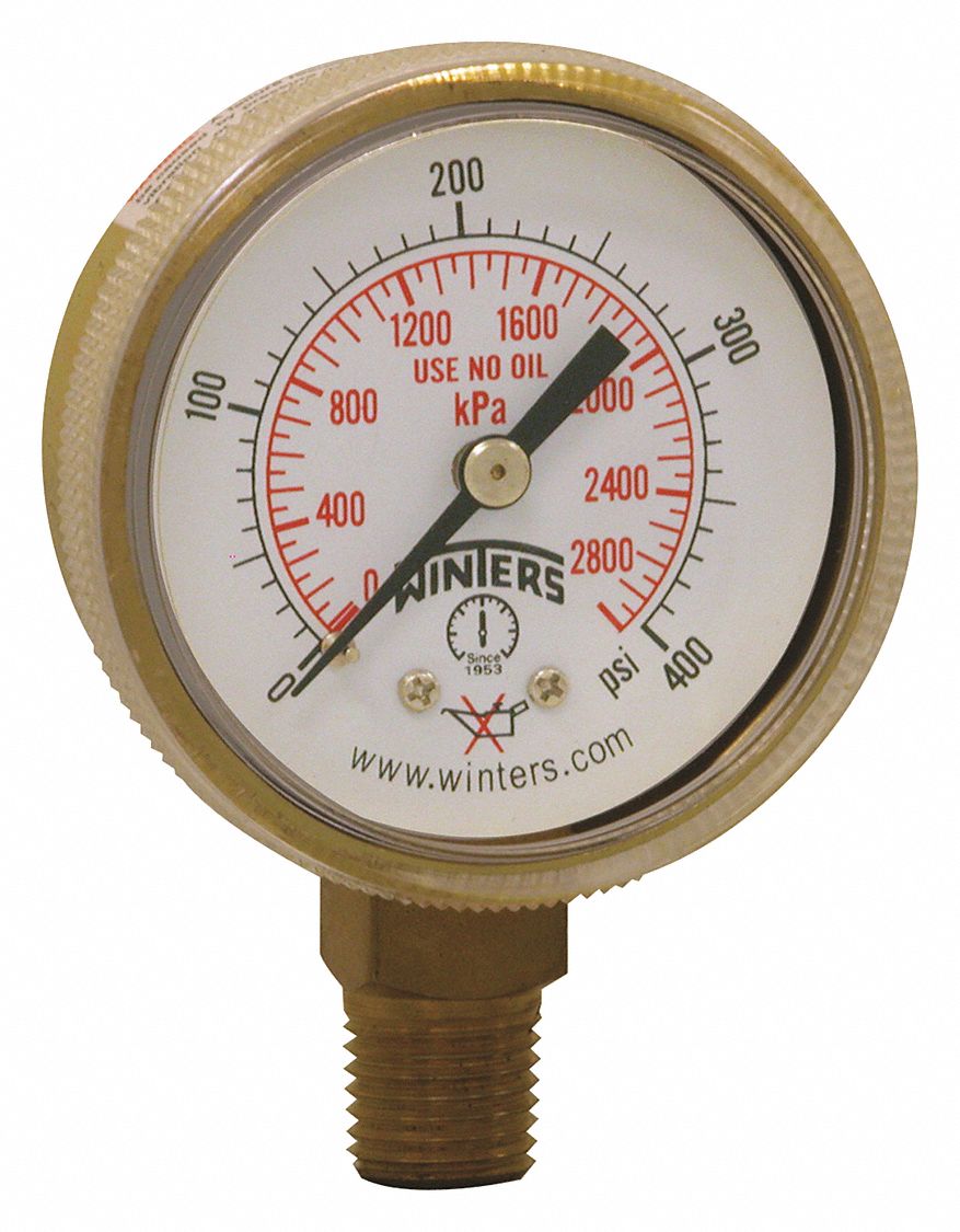 Welding Regulator Pressure Gauge: 0 psi to 400 psi, 2 in Dial, 1/4 in NPT Male, Bottom, PWL
