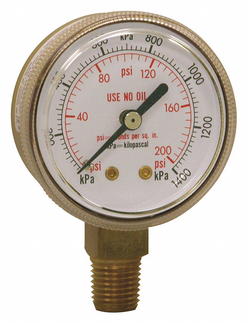 Welding Regulator Pressure Gauge: 0 psi to 200 psi, 2 in Dial, 1/4 in NPT Male, Bottom, PWL