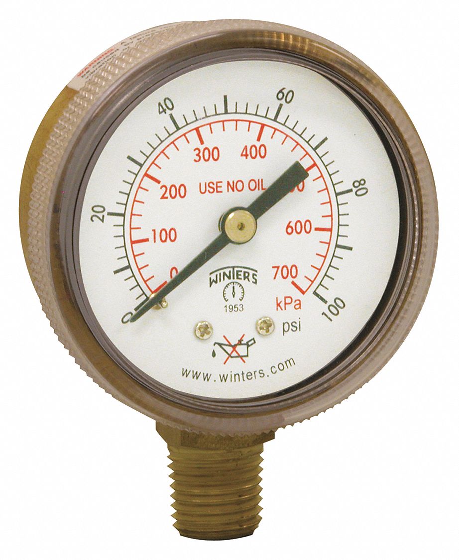 Welding Regulator Pressure Gauge: 0 psi to 100 psi, 2 in Dial, 1/4 in NPT Male, Bottom, PWL