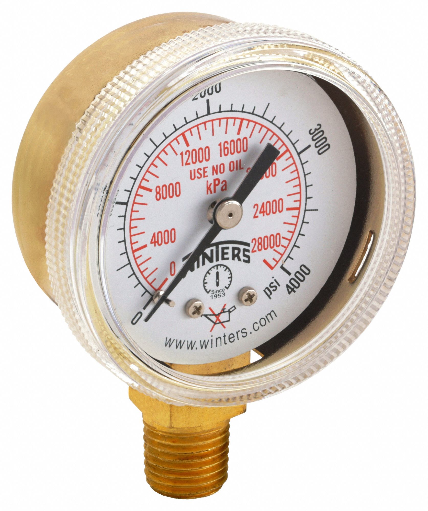 PRESSURE GAUGE, FOR WELDING REGULATOR, BOTTOM MOUNT, 0-4000 PSI/BAR, 1/4 IN MNPT, 2 IN