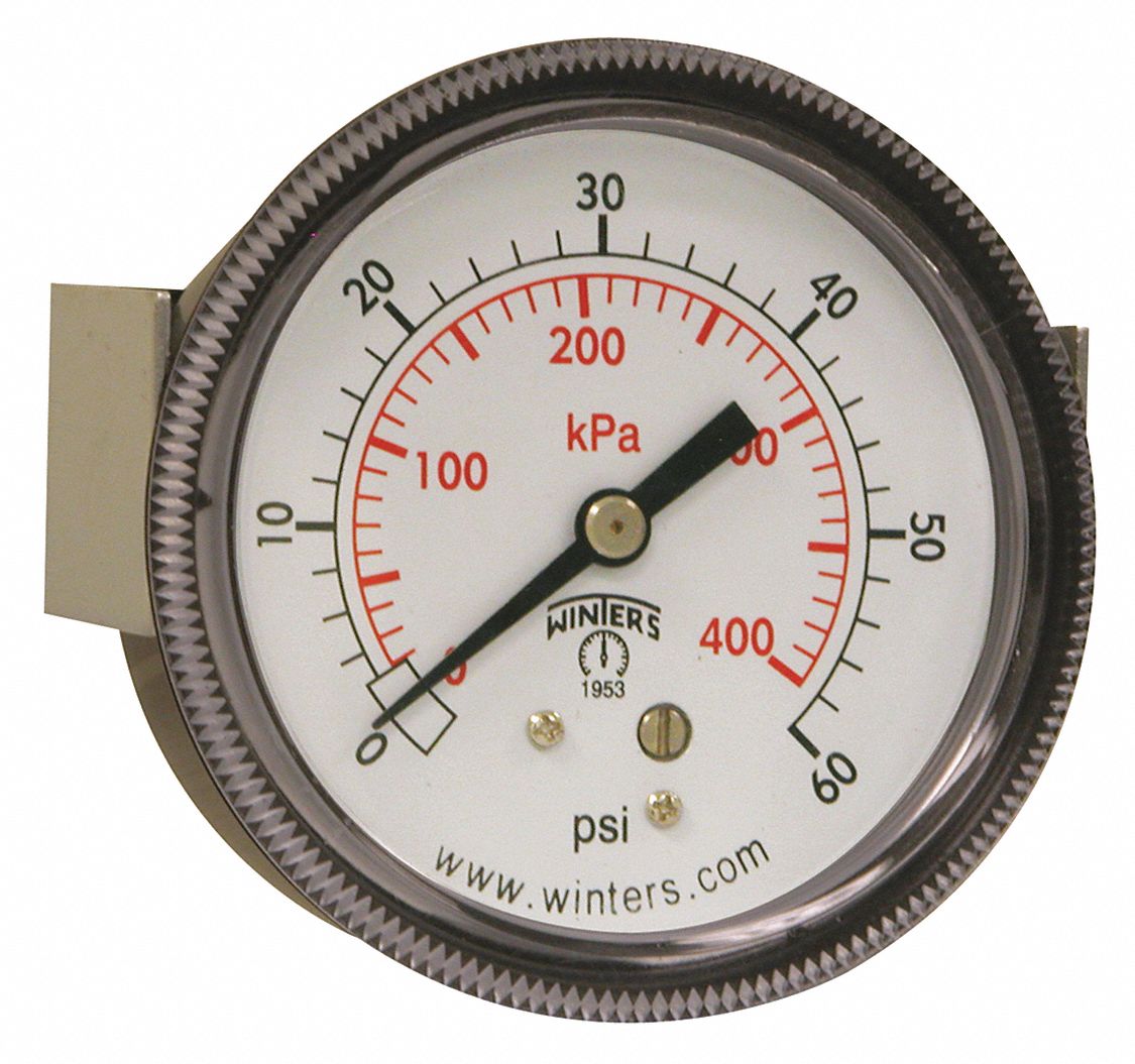 PANEL-MOUNT PRESSURE GAUGE, U-CLAMP, 0 PSI TO 60 PSI, 2 1/2 IN DIAL, 1/4 IN NPT MALE, P9U 90