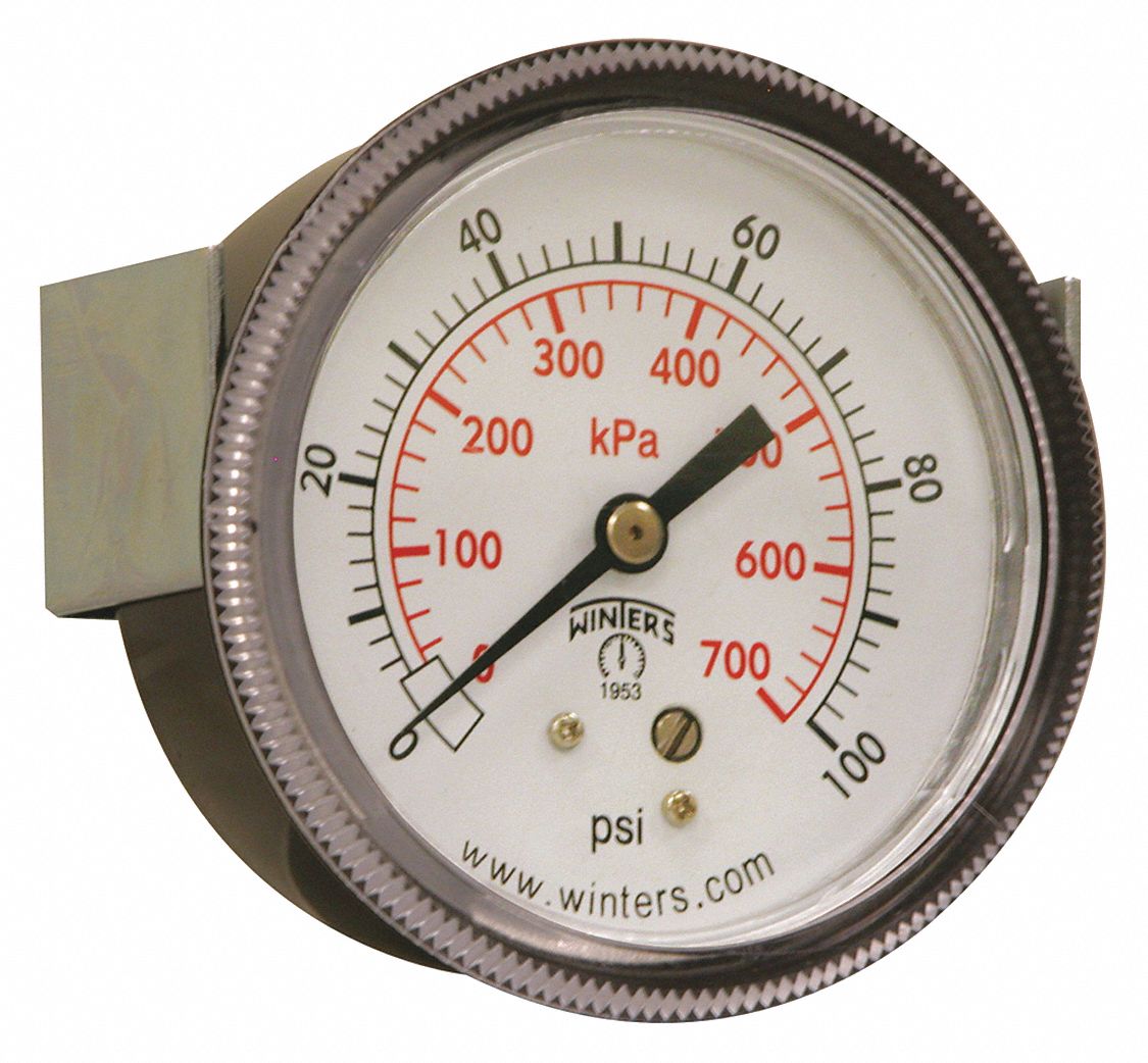 PANEL-MOUNT PRESSURE GAUGE, U-CLAMP, 0 PSI TO 100 PSI, 2 1/2 IN DIAL, 1/4 IN NPT MALE, IP52