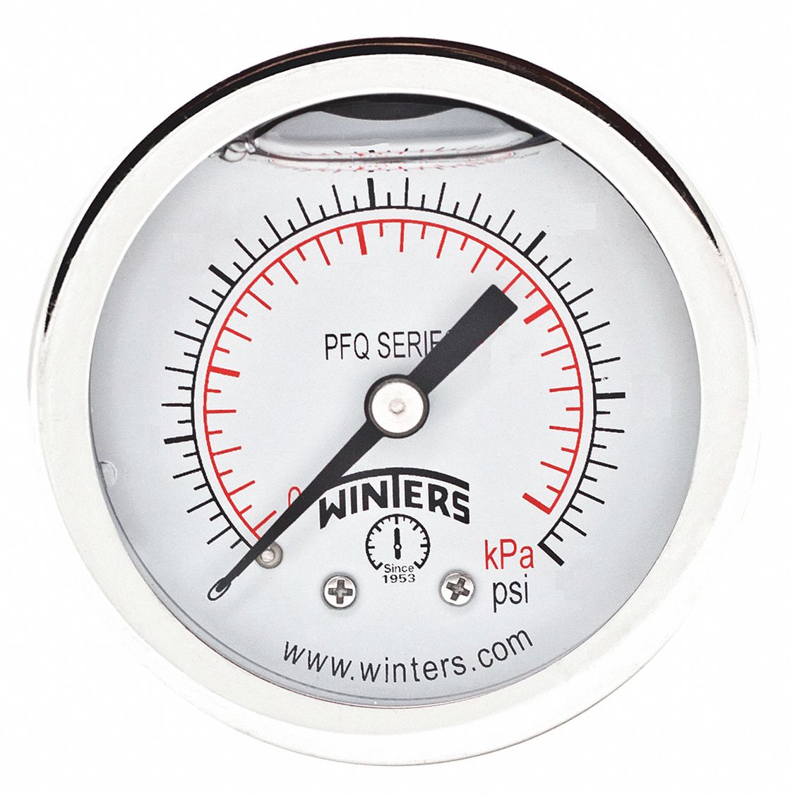 Panel-Mount Pressure Gauge: Front Flange, 0 psi to 15 psi, 2 in Dial, 1/8 in NPT Male, PFQ