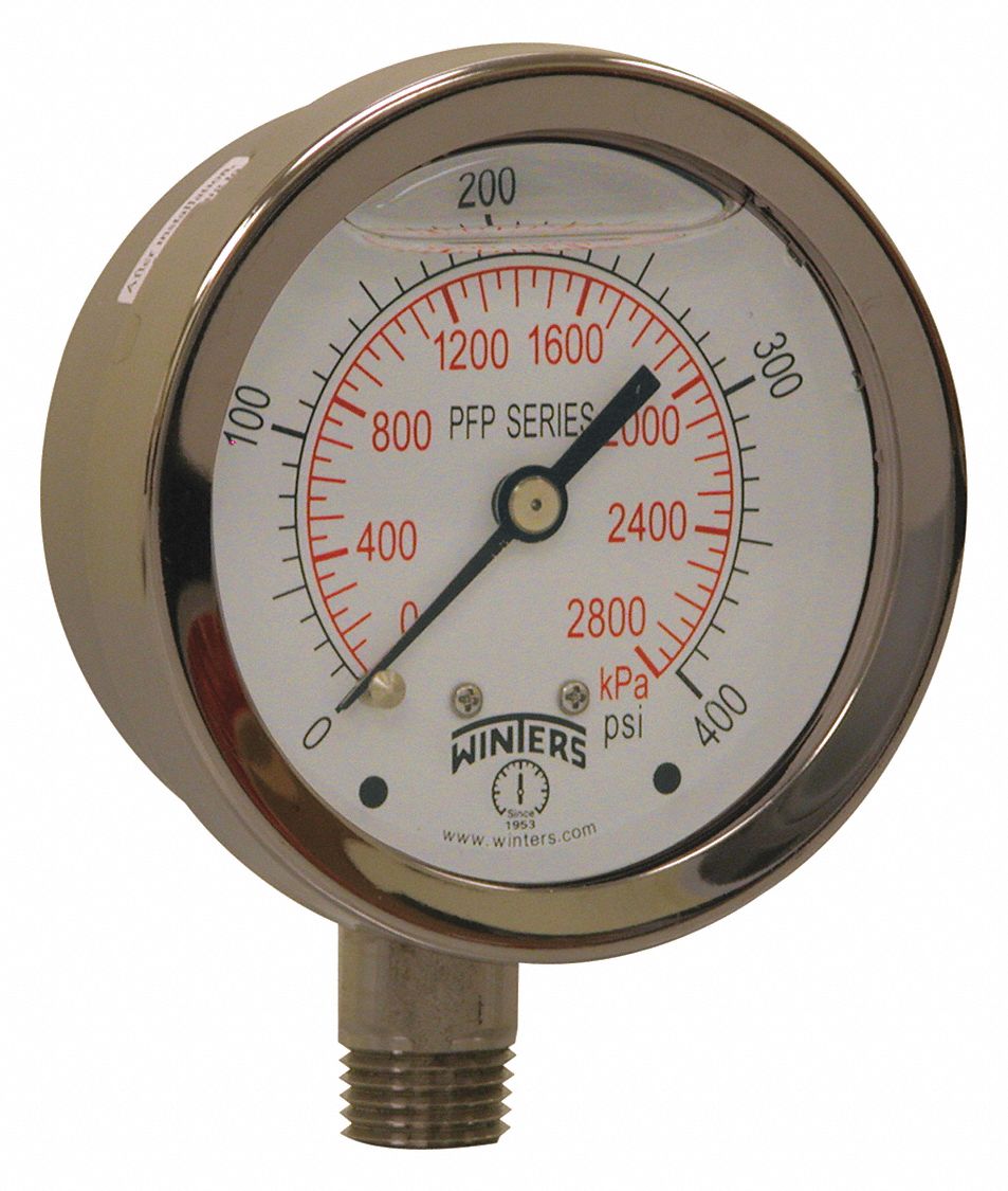 WINTERS WINTERS Pressure Gauge 0 to 400 psi, 2 1/2 in Dial, 1/4 in NPT