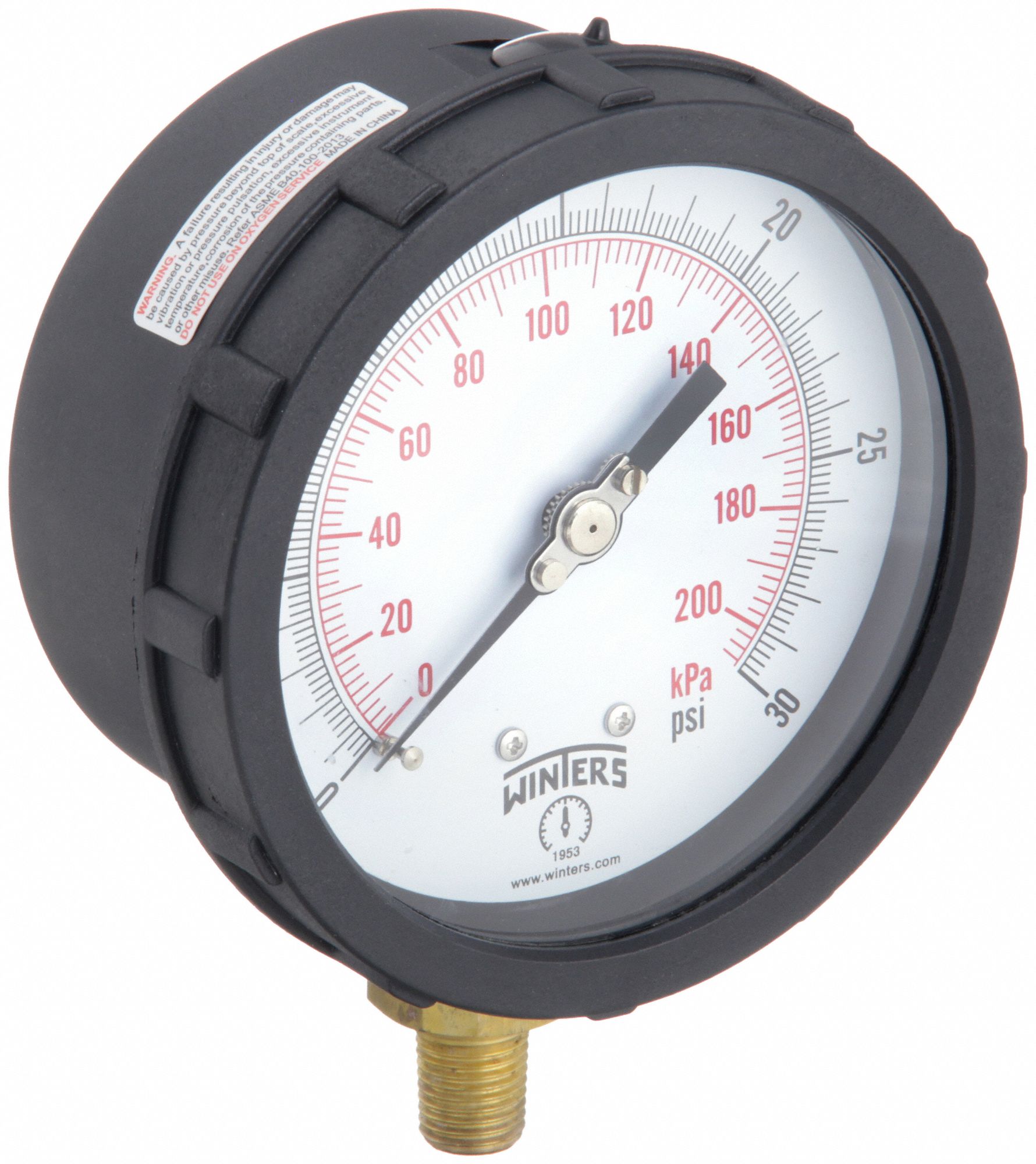 Industrial Pressure Gauge: Black, 0 psi 30 psi, 4 in Dial, 1/4 in NPT Male, Bottom, Plastic