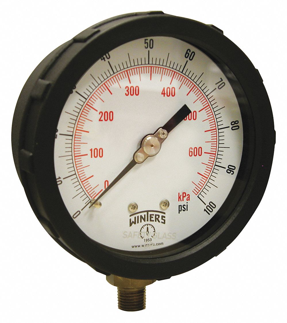 Industrial Pressure Gauge: Blue, 0 psi 100 psi, 4 in Dial, 1/4 in NPT Male, Bottom, Plastic
