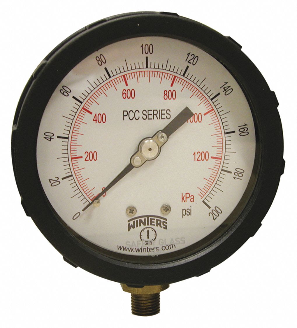 WINTERS INSTRUMENTS Pressure Gauge, 0 to 200 psi Range, 1/4 in NPT ...