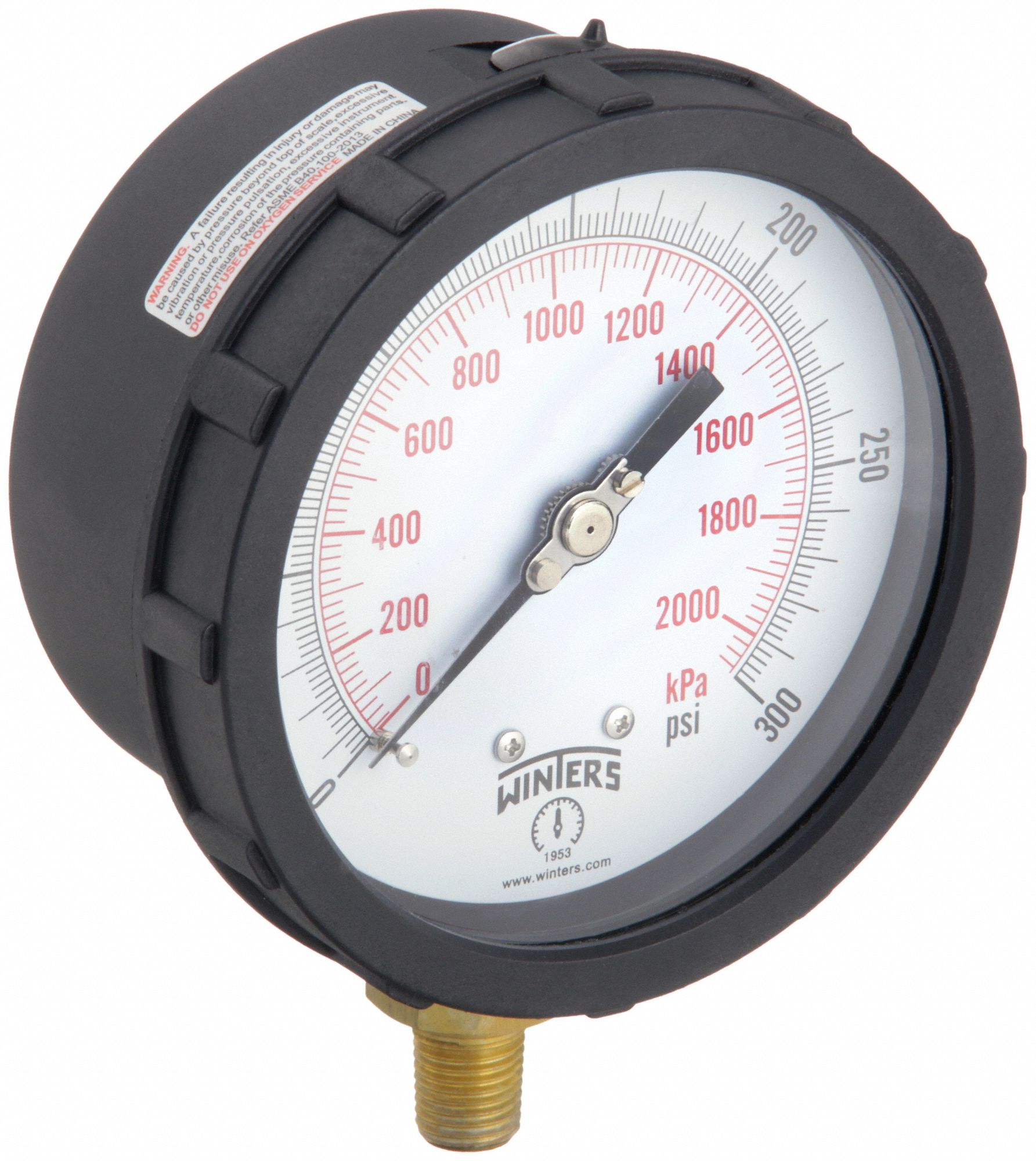 Industrial Pressure Gauge: Black, 0 psi 300 psi, 4 in Dial, 1/4 in NPT Male, Bottom, Plastic