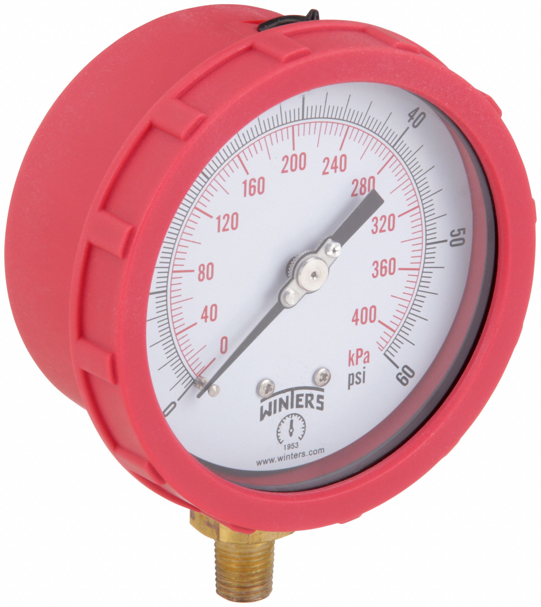 Industrial Pressure Gauge: Red, 0 psi 60 psi, 4 in Dial, 1/4 in NPT Male, Bottom, Plastic, 4