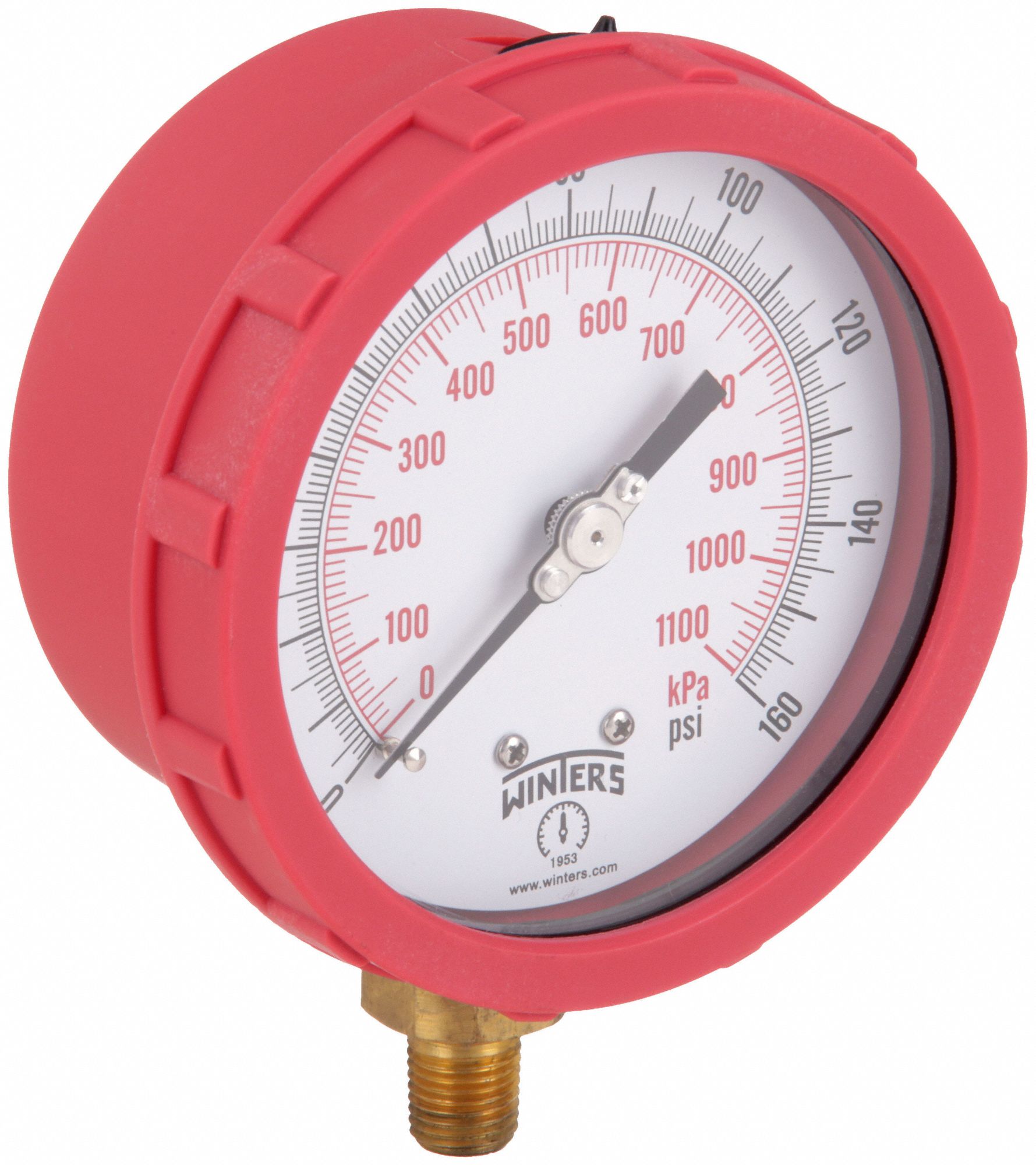 Industrial Pressure Gauge: Red, 0 psi 160 psi, 4 in Dial, 1/4 in NPT Male, Bottom, Plastic