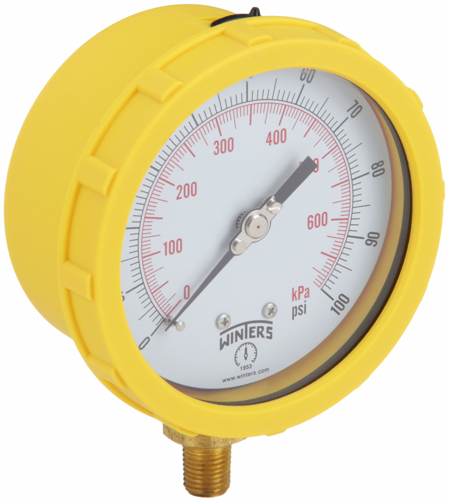Industrial Pressure Gauge: Yellow, 0 psi 100 psi, 4 in Dial, 1/4 in NPT Male, Bottom, IP65