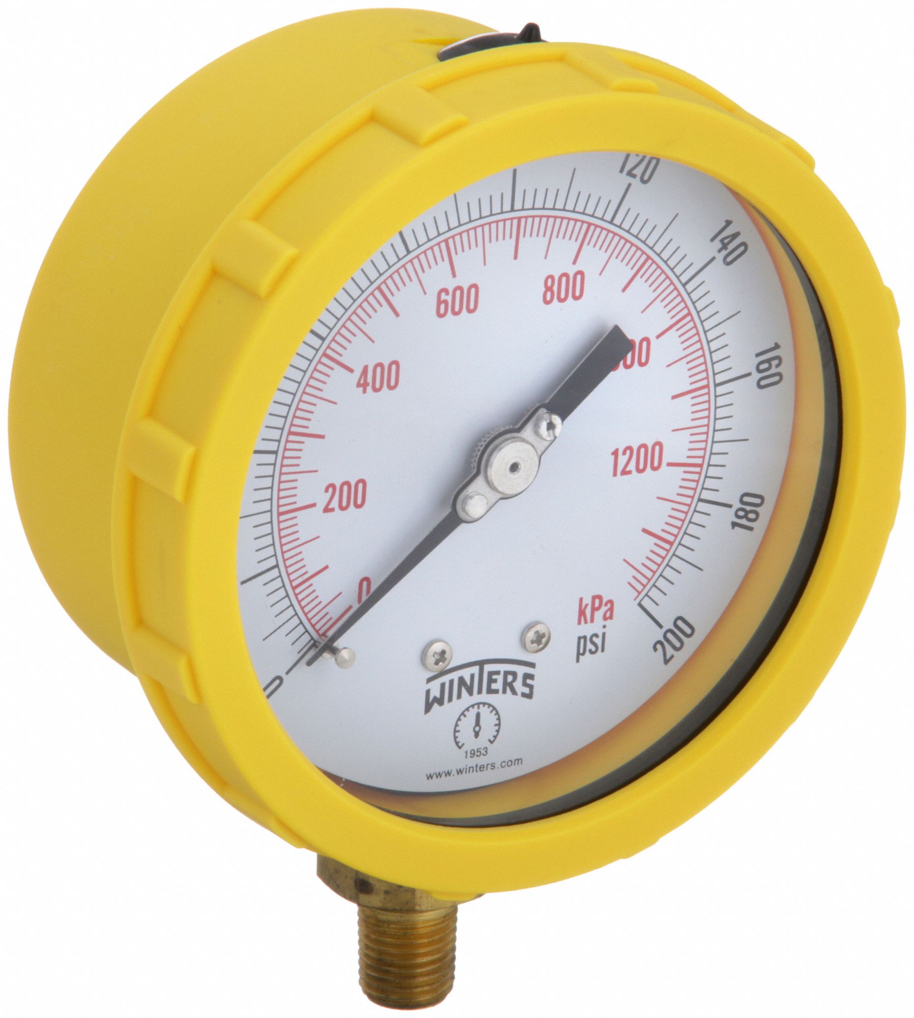 Industrial Pressure Gauge: Yellow, 0 psi 200 psi, 4 in Dial, 1/4 in NPT Male, Bottom, IP65