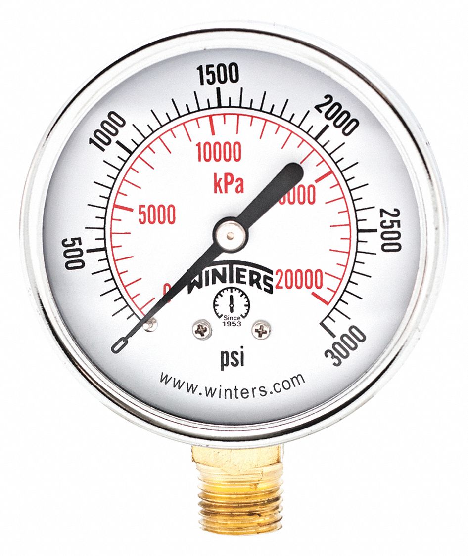 WINTERS, 0 to 3,000 psi, 2 1/2 in Dial, Commercial Pressure Gauge ...