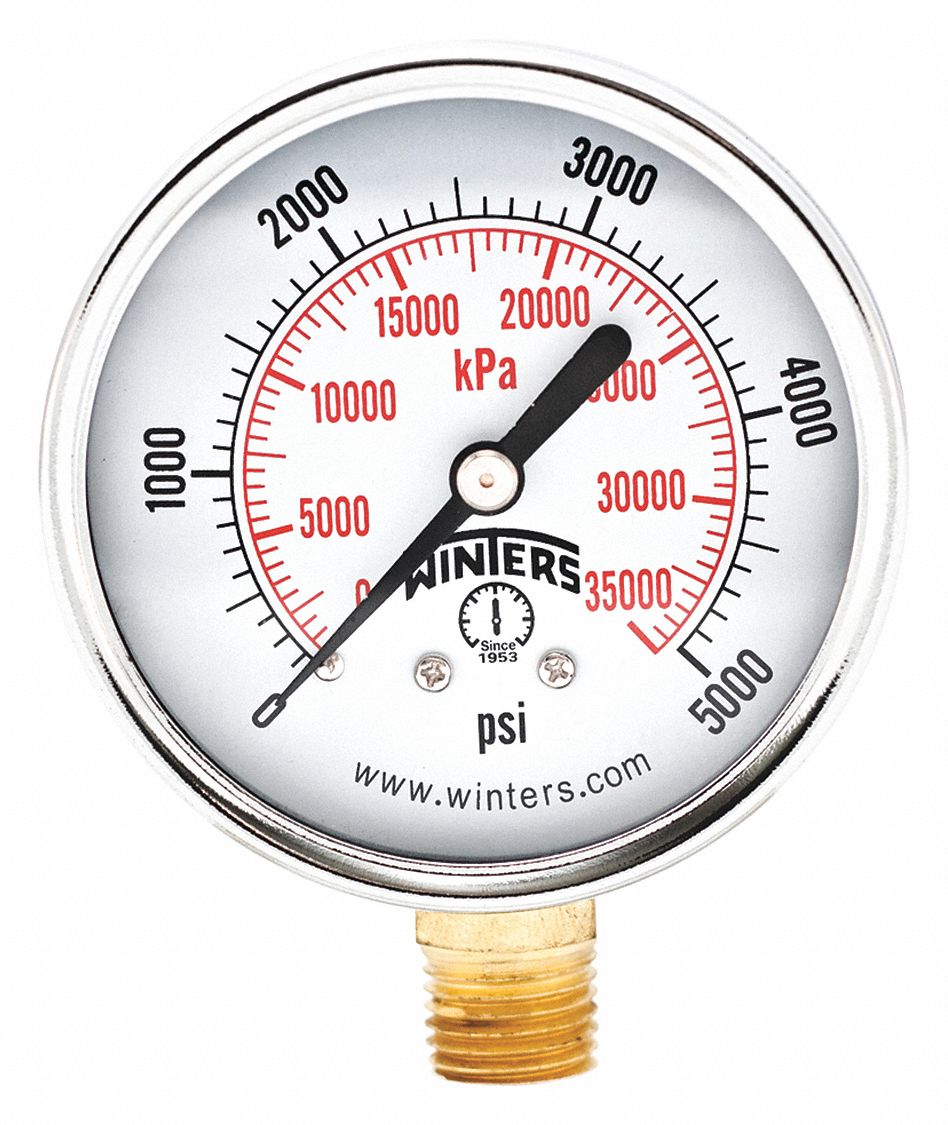 Commercial Pressure Gauge: 0 psi / Hg to 5, 000 psi, 2 1/2 in Dial, 1/4 in NPT Male, Bottom