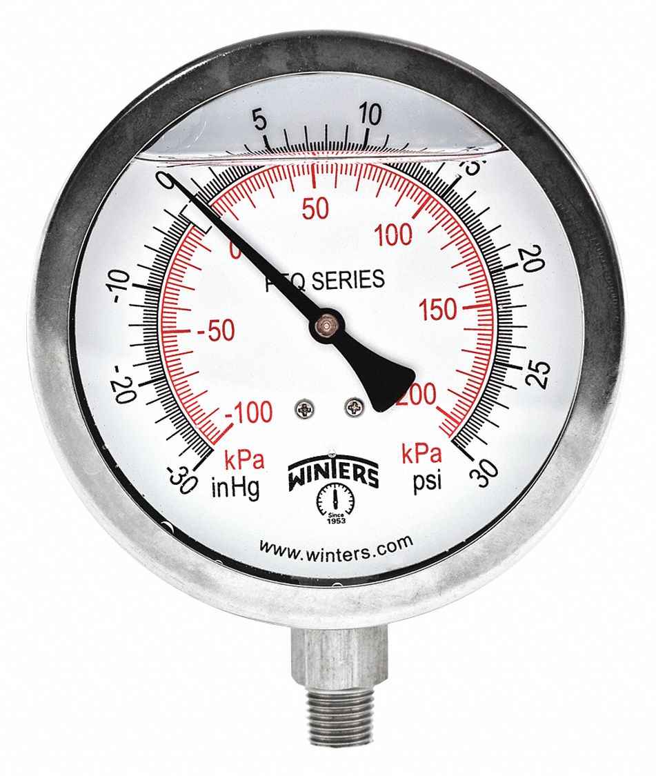 Industrial Compound Gauge: 30 in Hg to 0 psi / Hg to 30 psi, 4 in Dial, 1/4 in NPT Male, PFQ