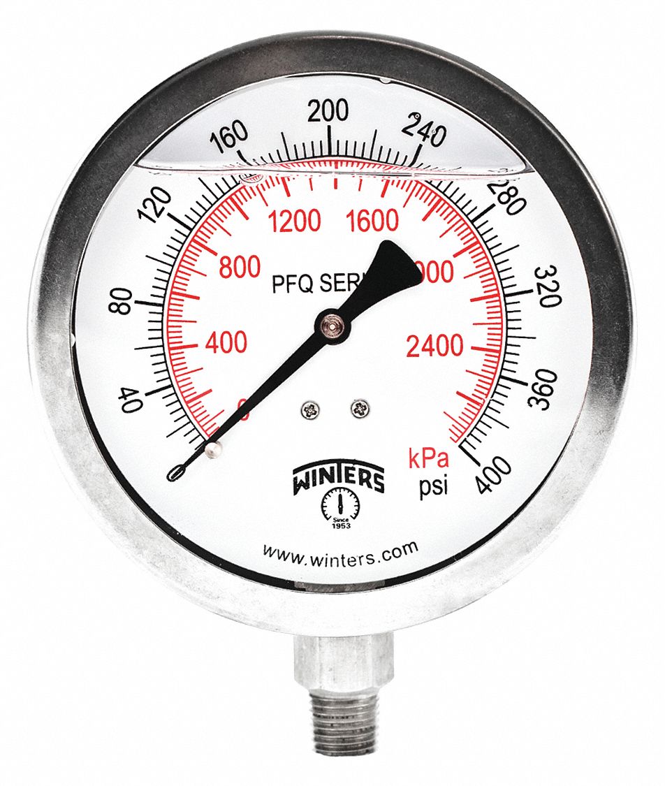 Industrial Pressure Gauge: 0 psi / Hg to 400 psi, 4 in Dial, 1/4 in NPT Male, Bottom, PFQ, 4