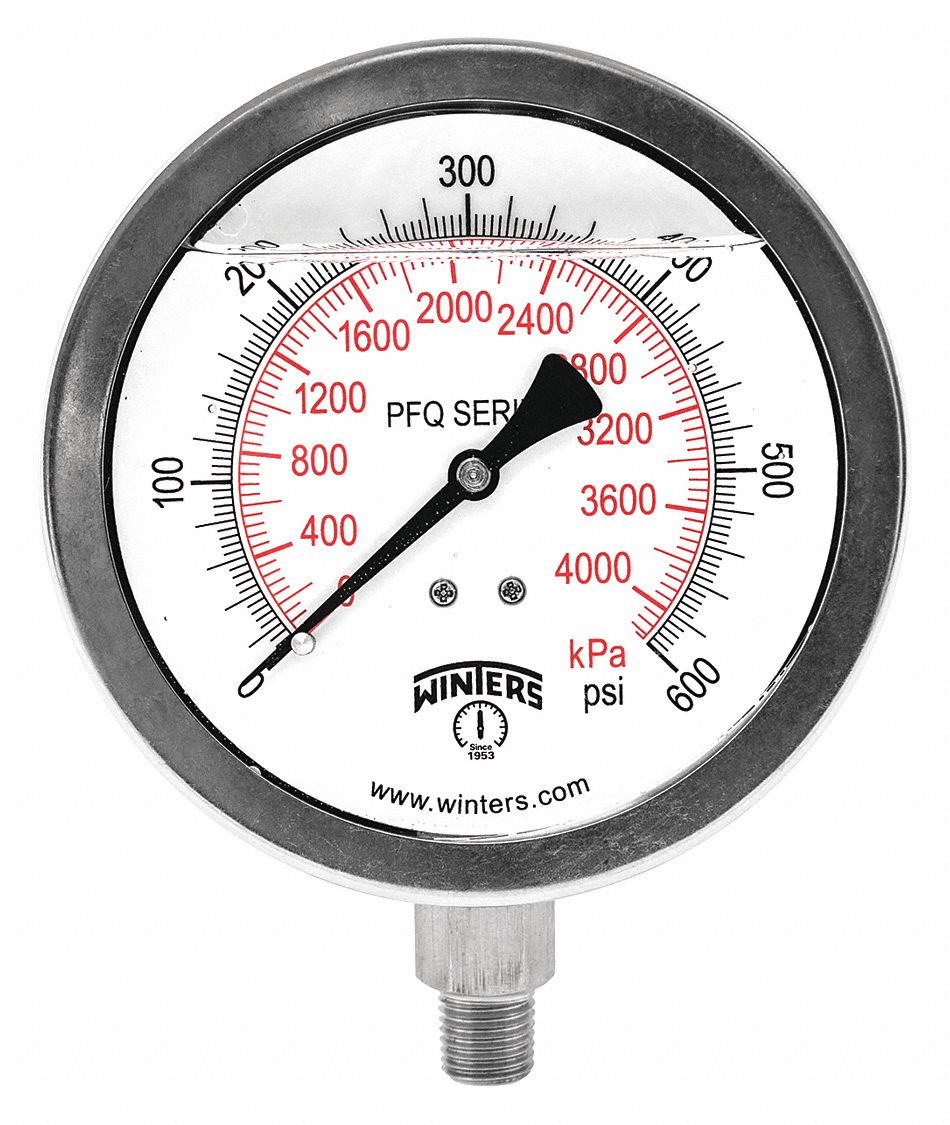 Industrial Pressure Gauge: 0 psi / Hg to 600 psi, 4 in Dial, 1/4 in NPT Male, Bottom, PFQ, 4