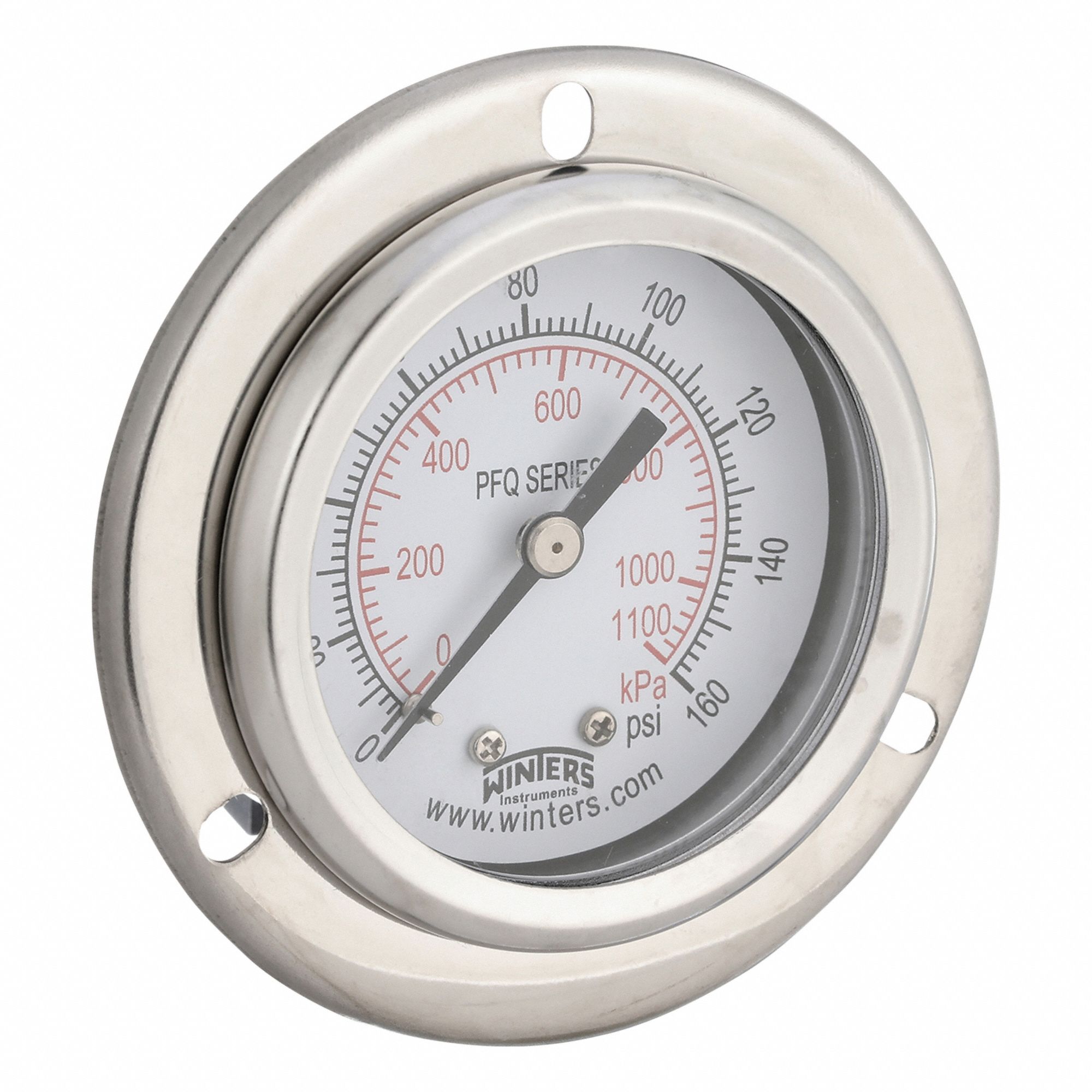 PANEL-MOUNT PRESSURE GAUGE, FRONT FLANGE, 0 PSI TO 160 PSI, 2 IN DIAL, 1/8 IN NPT MALE, PFQ