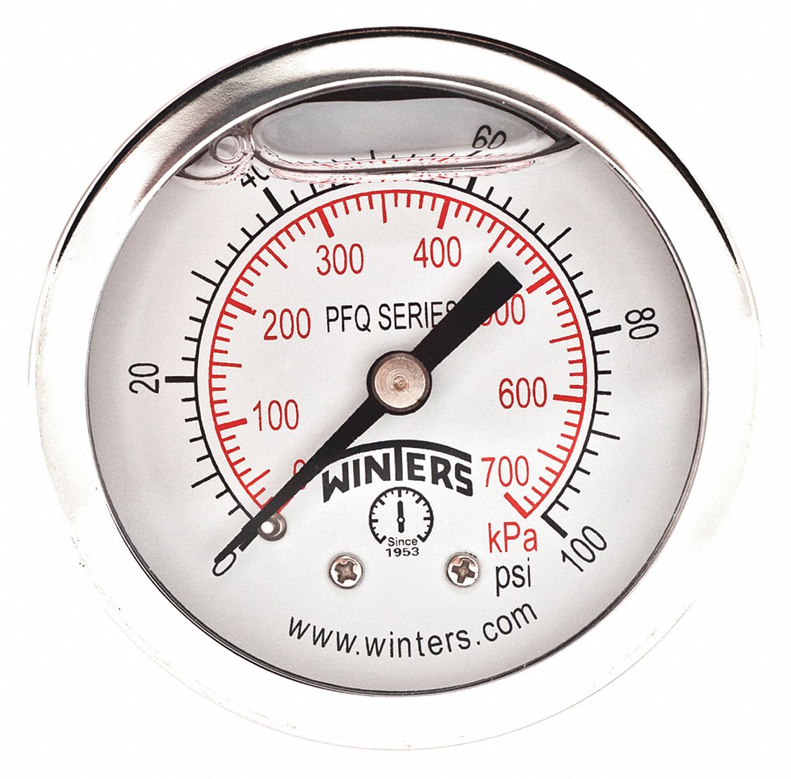 PANEL-MOUNT PRESSURE GAUGE, FRONT FLANGE, 0 PSI TO 100 PSI, 2 IN DIAL, 1/4 IN NPT MALE, PFQ