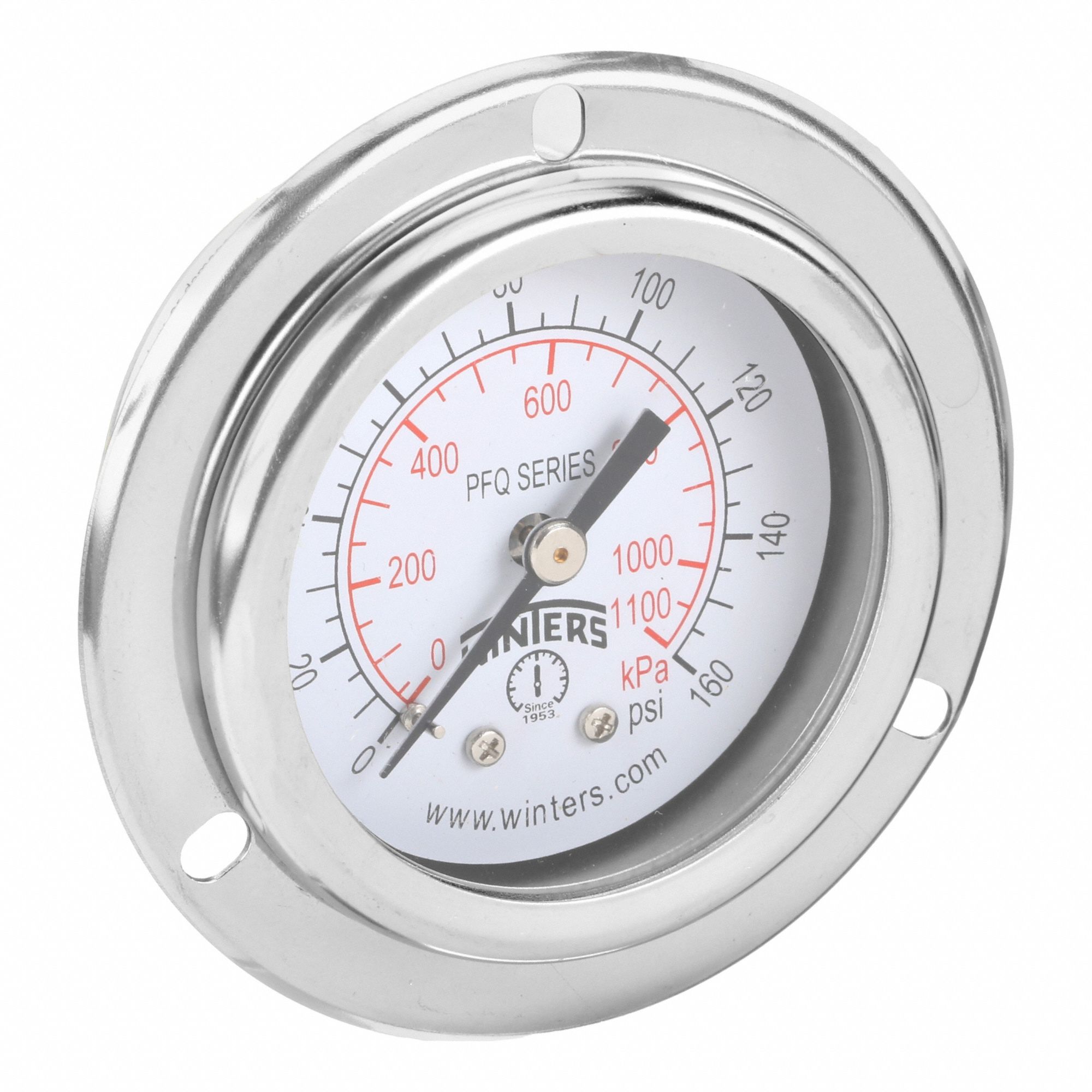 Panel-Mount Pressure Gauge: Front Flange, 0 psi to 160 psi, 2 in Dial, 1/4 in NPT Male, PFQ