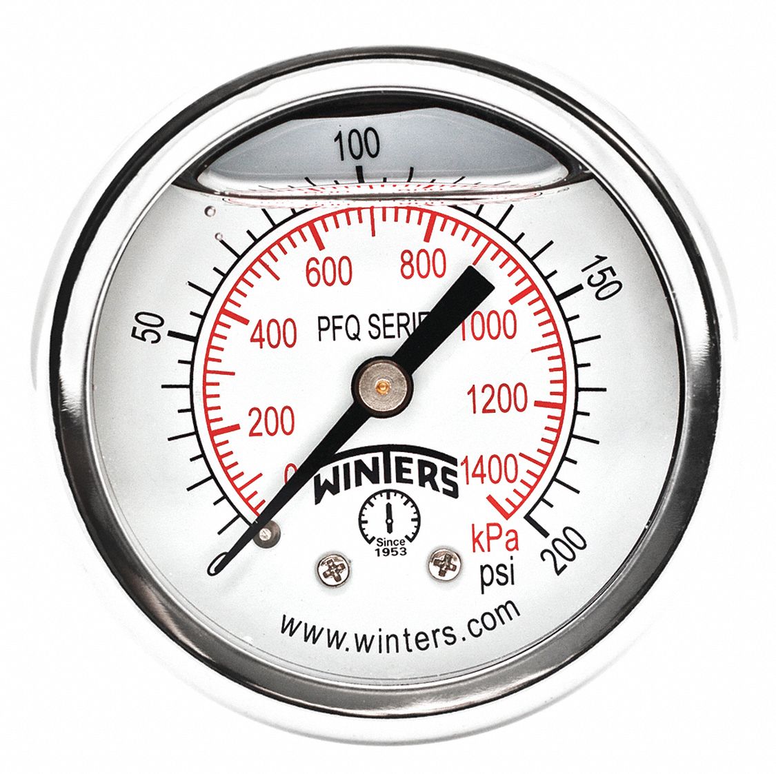 Panel-Mount Pressure Gauge: Front Flange, 0 psi to 200 psi, 2 in Dial, 1/4 in NPT Male, PFQ