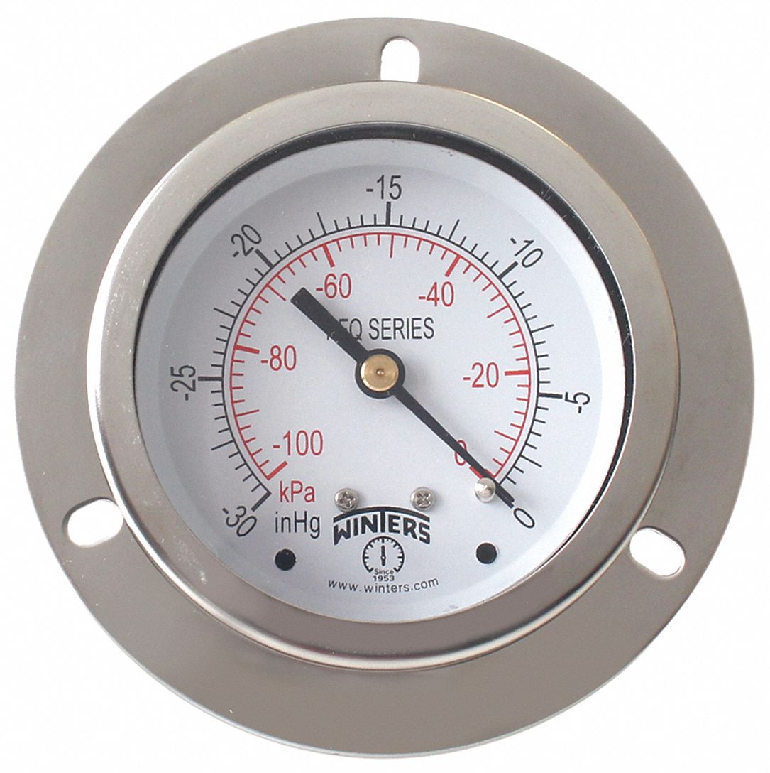 WINTERS INSTRUMENTS Vacuum Gauge, 30 in to 0 in Hg Range, 1/4 in NPT, +/1.50 Gauge Accuracy