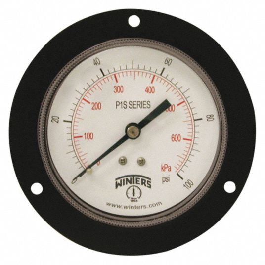 WINTERS Panel-Mount Pressure Gauge: 0 to 100 psi, 3 1/2 in Dial, 1/4 in NPT  Male, Center Back, Steel