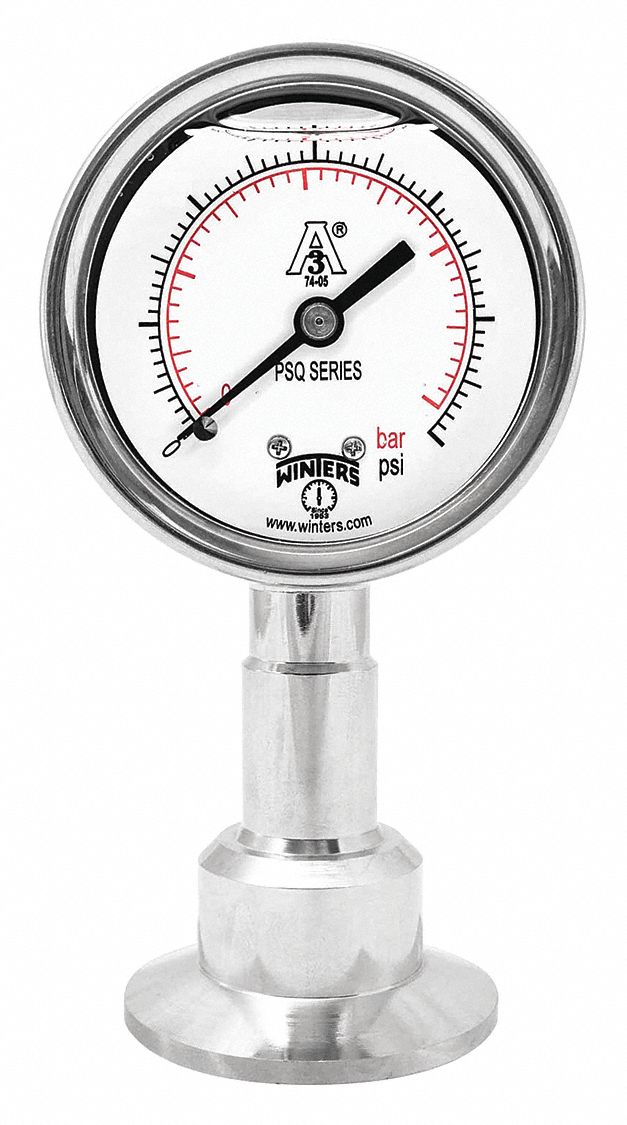 Pressure Gauge: 0 psi to 30 psi, 2 1/2 in Dial, 1 1/2 in Tri-Clamp, Bottom, ±1.50% Accuracy