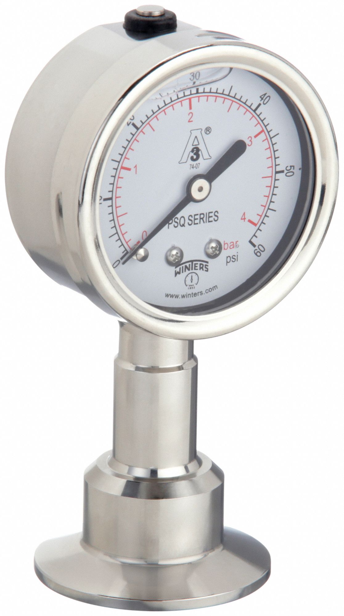 Pressure Gauge: 0 psi to 60 psi, 2 1/2 in Dial, 1 1/2 in Tri-Clamp, Bottom, ±1.50% Accuracy