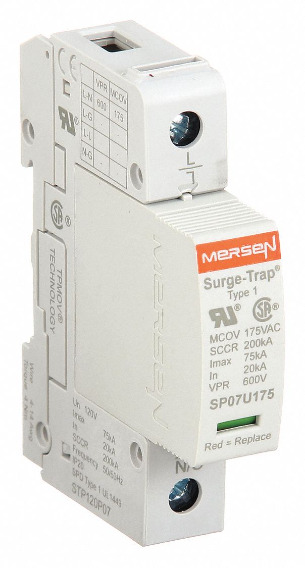 Surge Protection Device: Single Phase, 120V AC, 1 Poles, 2 Wires, L-N, 175 V AC, 600V (L-N)