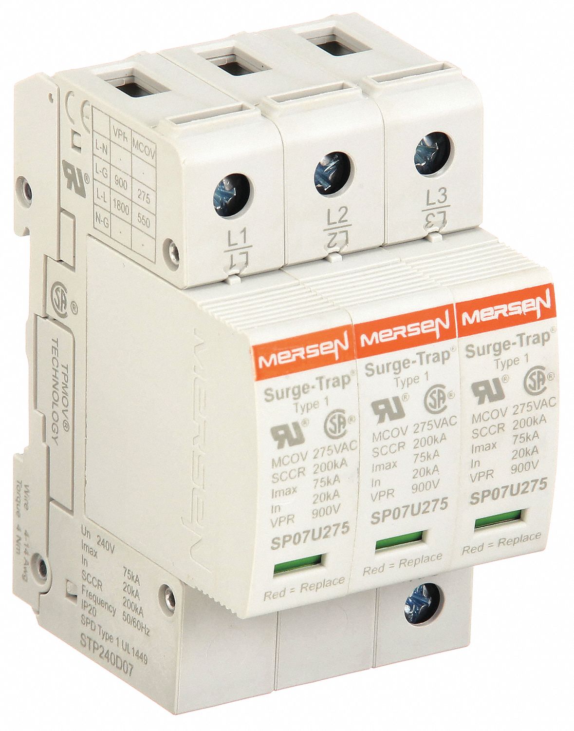 Surge Protection Device: Three Phase, 240V AC Delta, 3 Poles, 4 Wires, L-G/L-L, 275/550 V AC