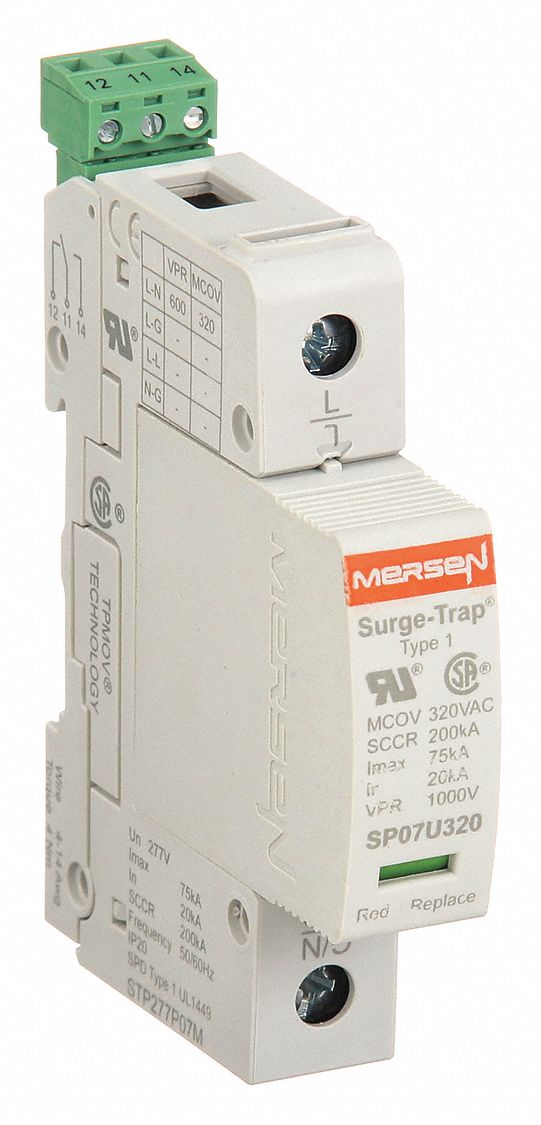 Surge Protection Device: Single Phase, 277V AC, 1 Poles, 2 Wires, L-N, 320 V AC, 600V (L-N)