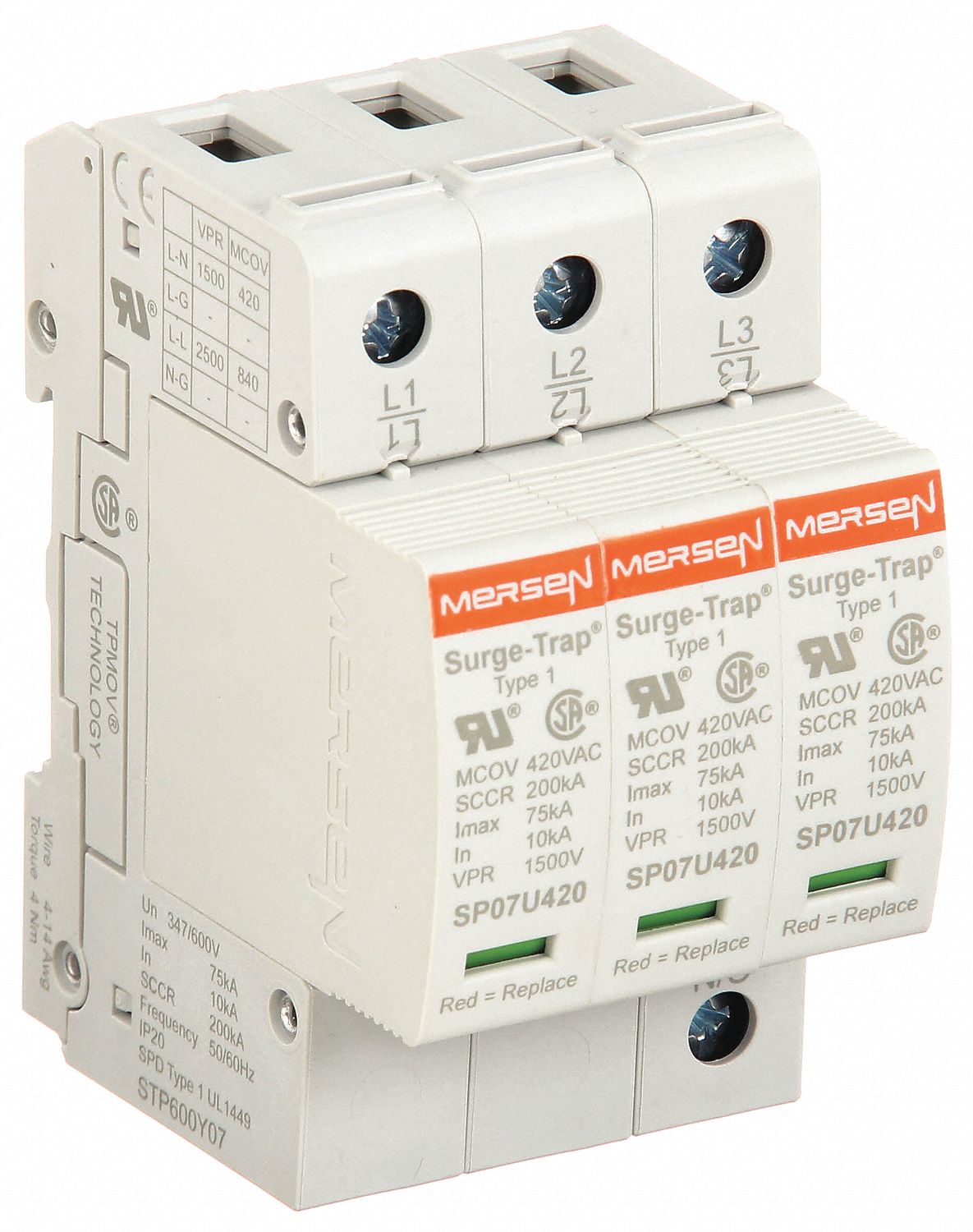 Surge Protection Device: Three Phase, 347/600V AC Wye, 3 Poles, 4 Wires, L-L/L-N, 200kA