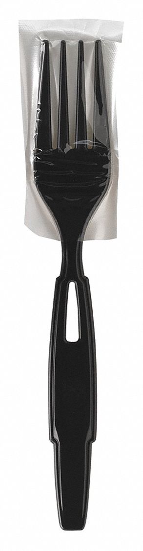 Disposable Fork: Series W, Heavy-Wt, Black, Partially-Wrapped, Plastic, 24 PK
