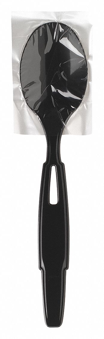 Disposable Spoon: Series W, Heavy-Wt, Black, Partially-Wrapped, Plastic, 24 PK