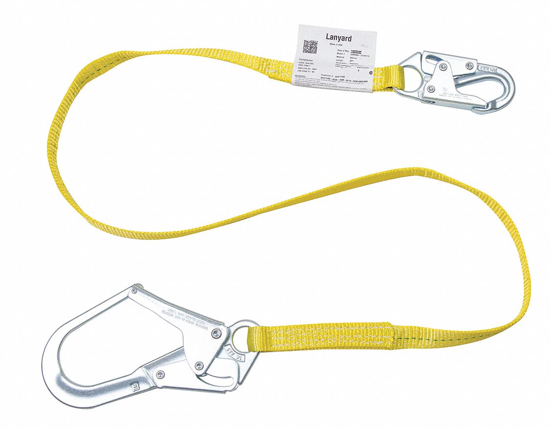 WEB LANYARD, WEIGHT CAP 310 LBS, SNAP/REBAR HOOK, YELLOW, STEEL